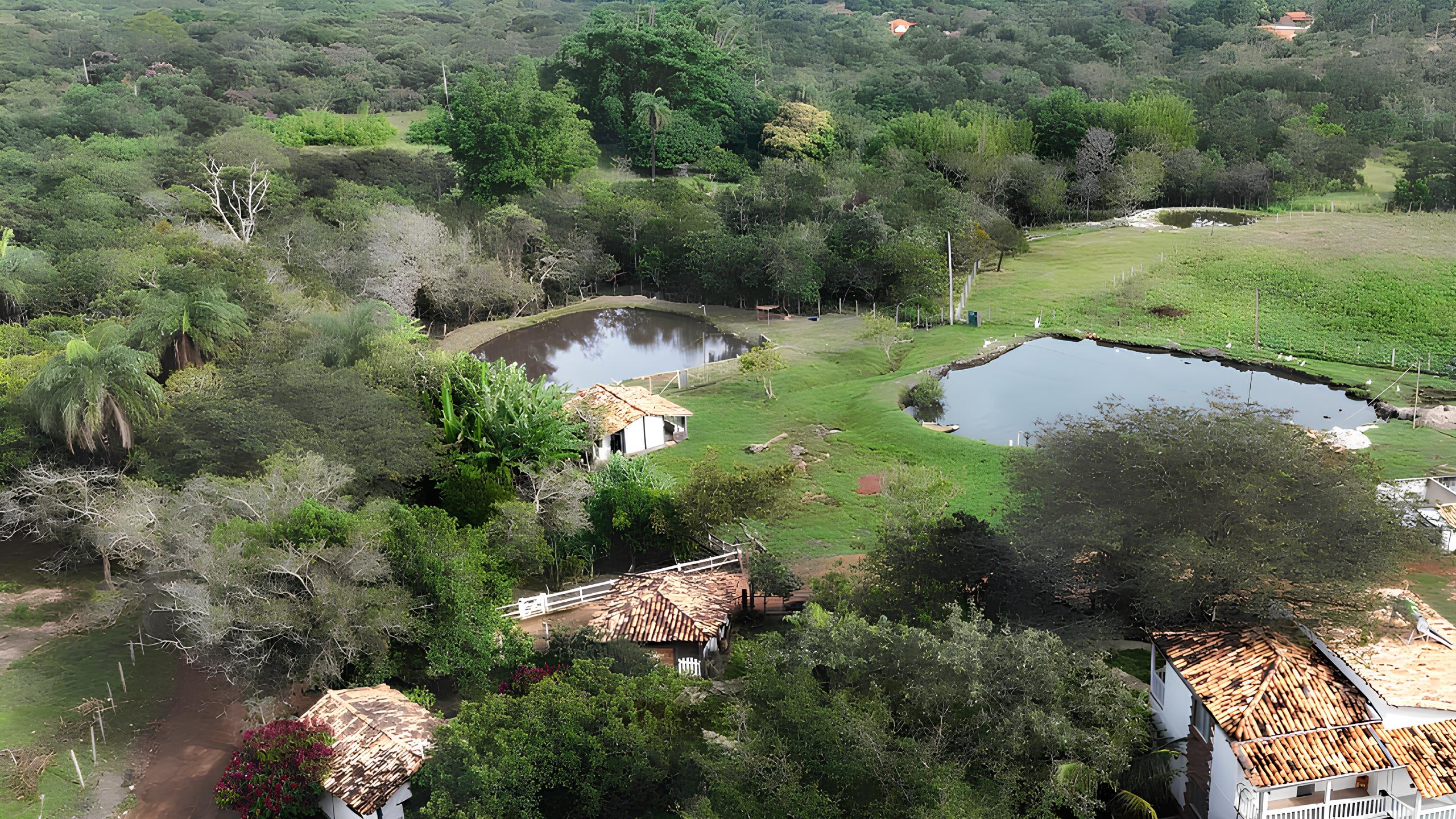 Vista aérea da fazenda com lagos e chalés